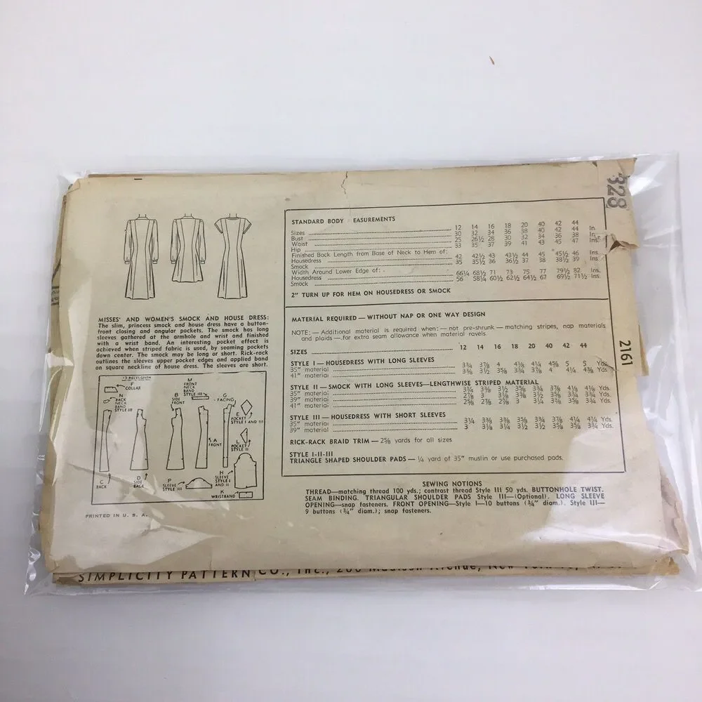 House Dress Smock Princess Seams Size 12 Bust 30 UNCUT Pattern 2161 Vtg 40s Rare
